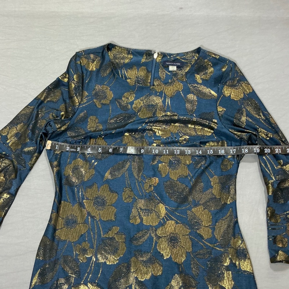 Tommy Hilfiger Teal Gold Metallic Floral Bell Sleeve Jacquard Shift Dress 10 - Picture 3 of 4